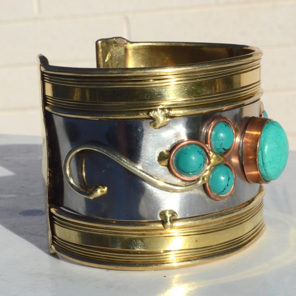 Turquoise Copper Brass Wide Cuff Bracelet Silver - Picture 5 of 8